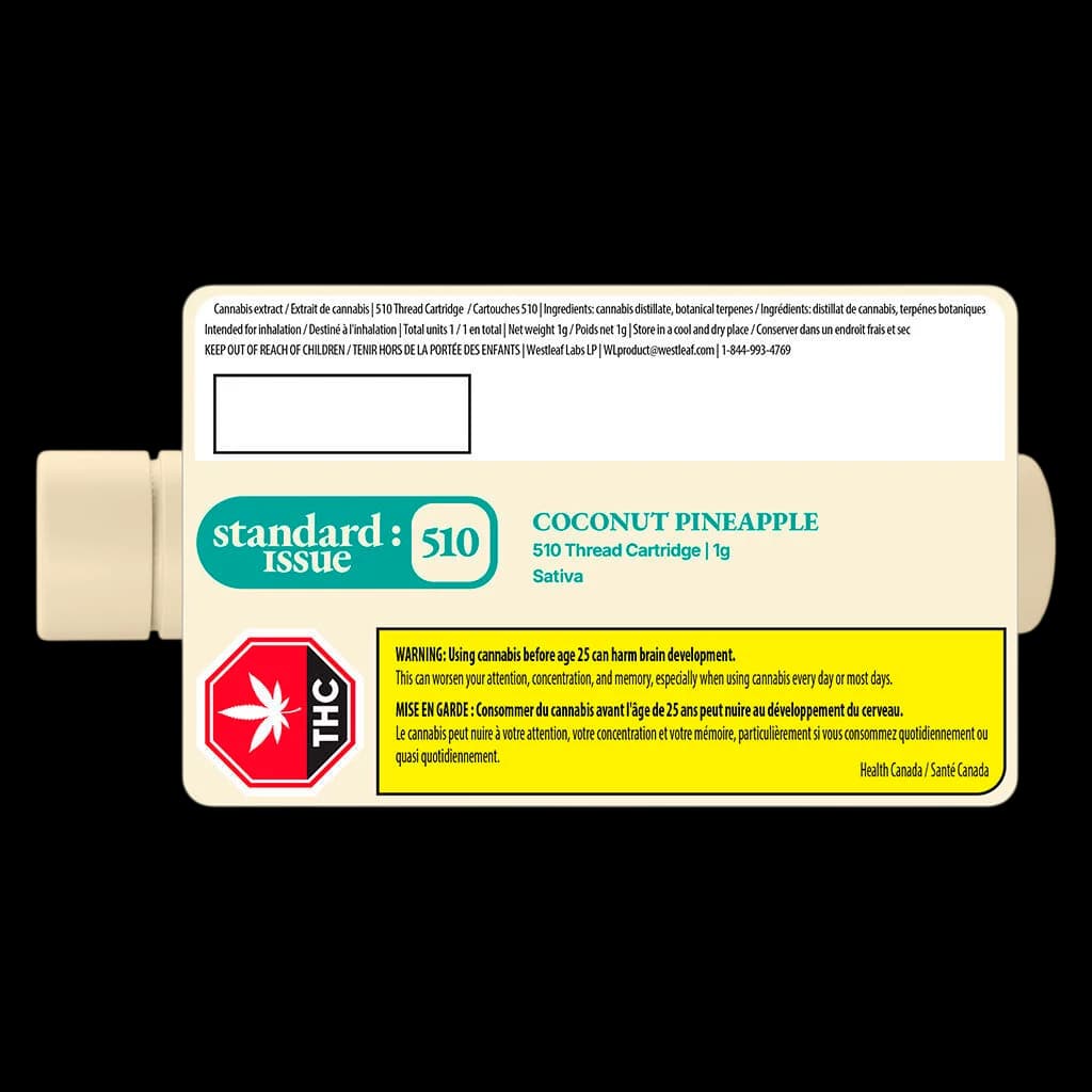 Standard Issue Coconut Pineapple 510 Thread Cartridge 1g sativa vape with yellow Health Canada warning label and red THC symbol