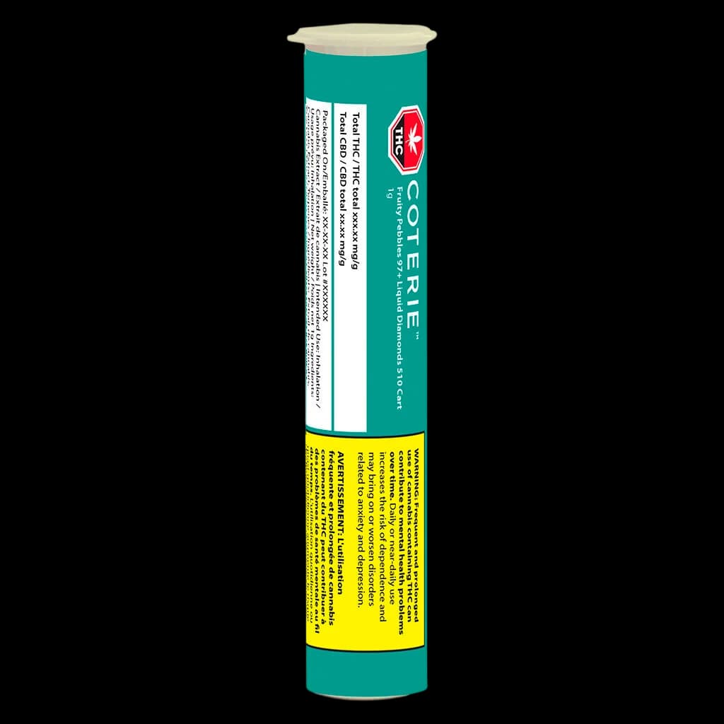 Cartouche de vapotage de cannabis Coterie Fruity Pebbles 97+ Liquid Diamonds à filetage 510, emballage turquoise et jaune
