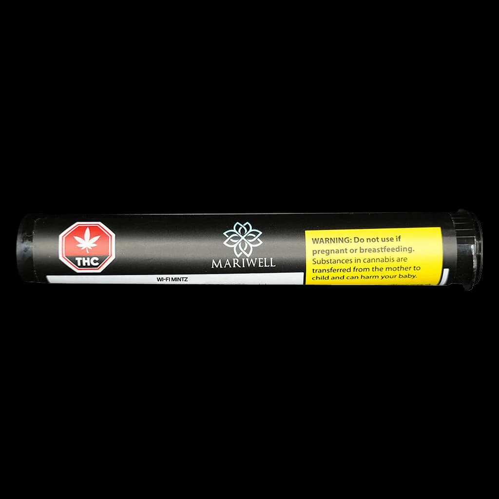 Mariwell Wi-Fi Mintz pre-roll with red THC symbol, brand logo, and yellow Health Canada pregnancy warning label