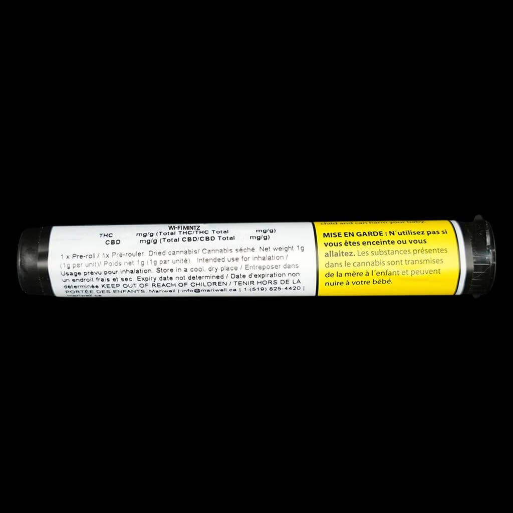 Mariwell Wi-Fi Mintz 1g pre-roll with white and yellow packaging label showing THC/CBD content and bilingual health warnings