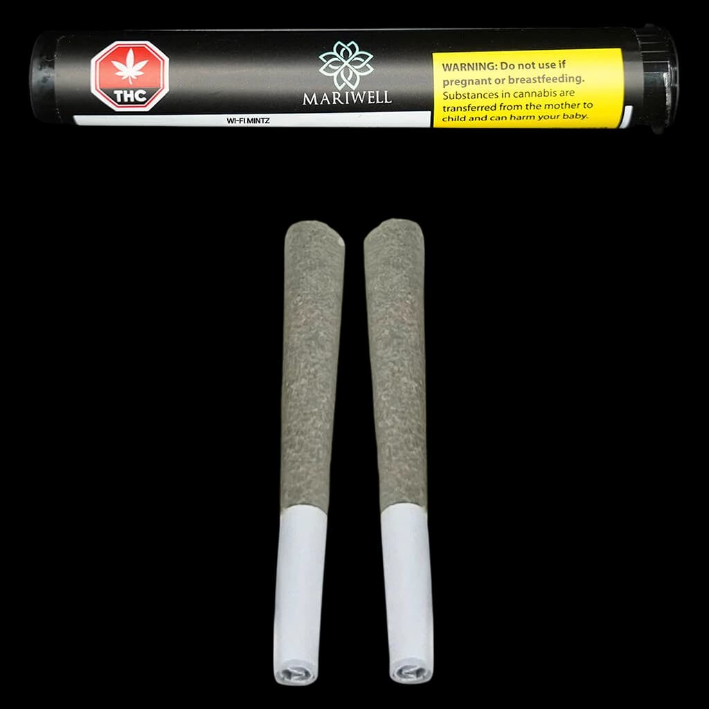 Mariwell Wi-Fi Mintz pre-roll pack with two pre-rolls displayed, showing green cannabis material and white filters