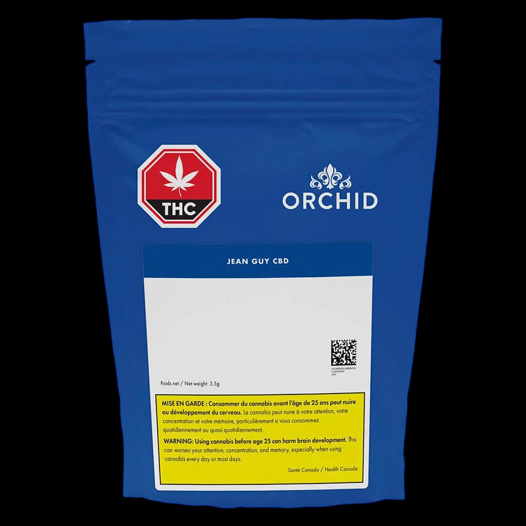 Orchid Jean Guy CBD pre-roll package, 3.5g blue pouch with red THC symbol and yellow Health Canada warning label