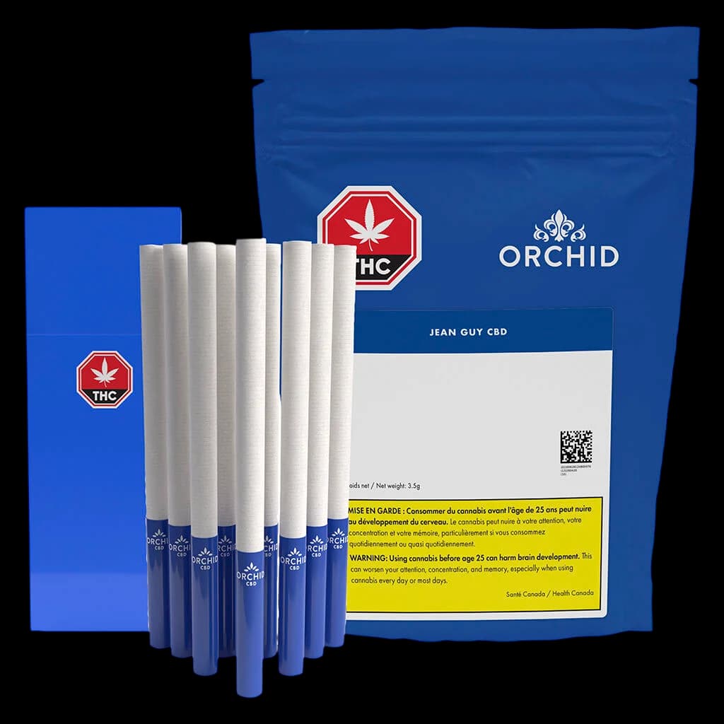 Orchid Jean Guy CBD pre-roll pack with 10 white paper tubes, blue packaging, and THC warning label visible