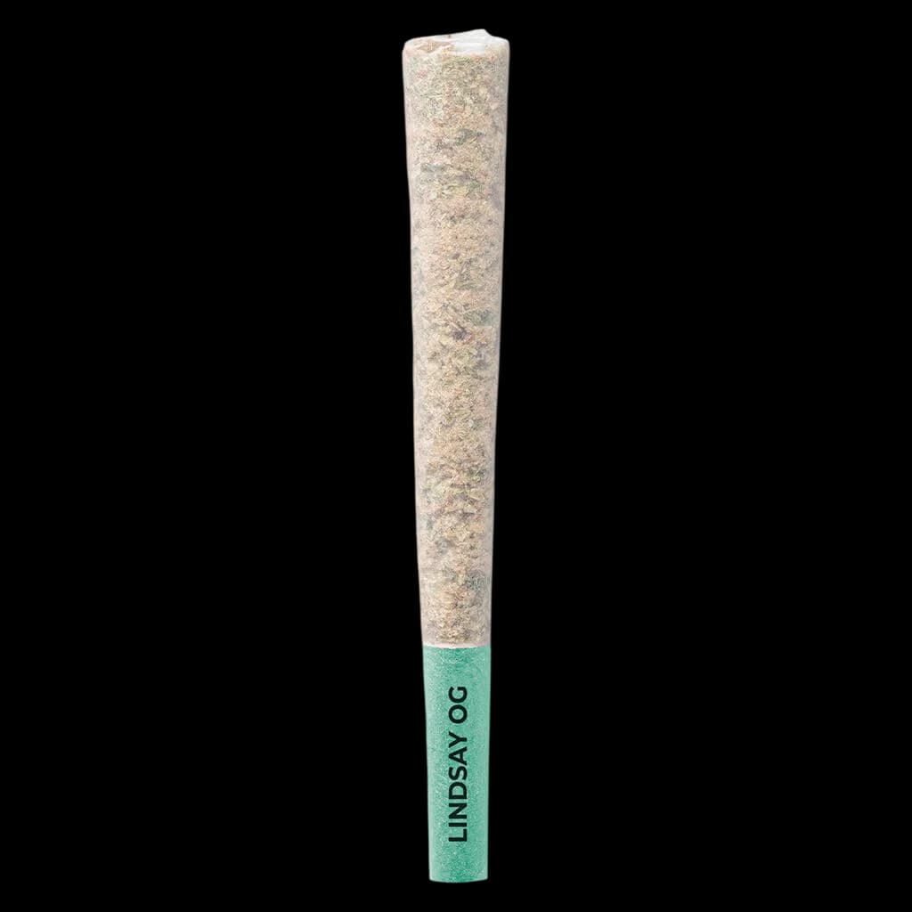 Pistol and Paris Lindsay OG pre-roll with cannabis flower and green filter tip
