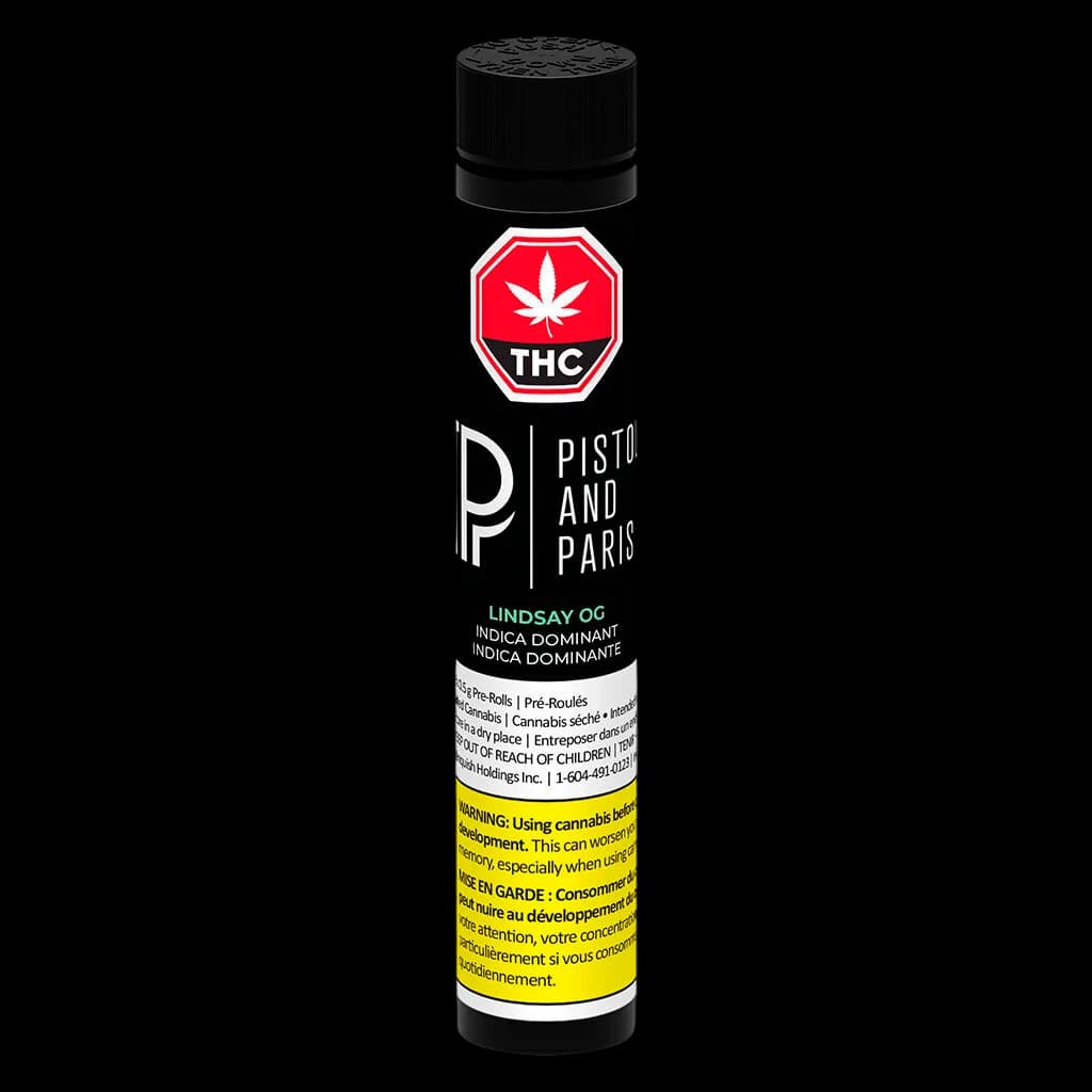 Pistol and Paris Lindsay OG pre-roll pack, 5 pre-rolls, indica dominant cannabis product with THC warning label