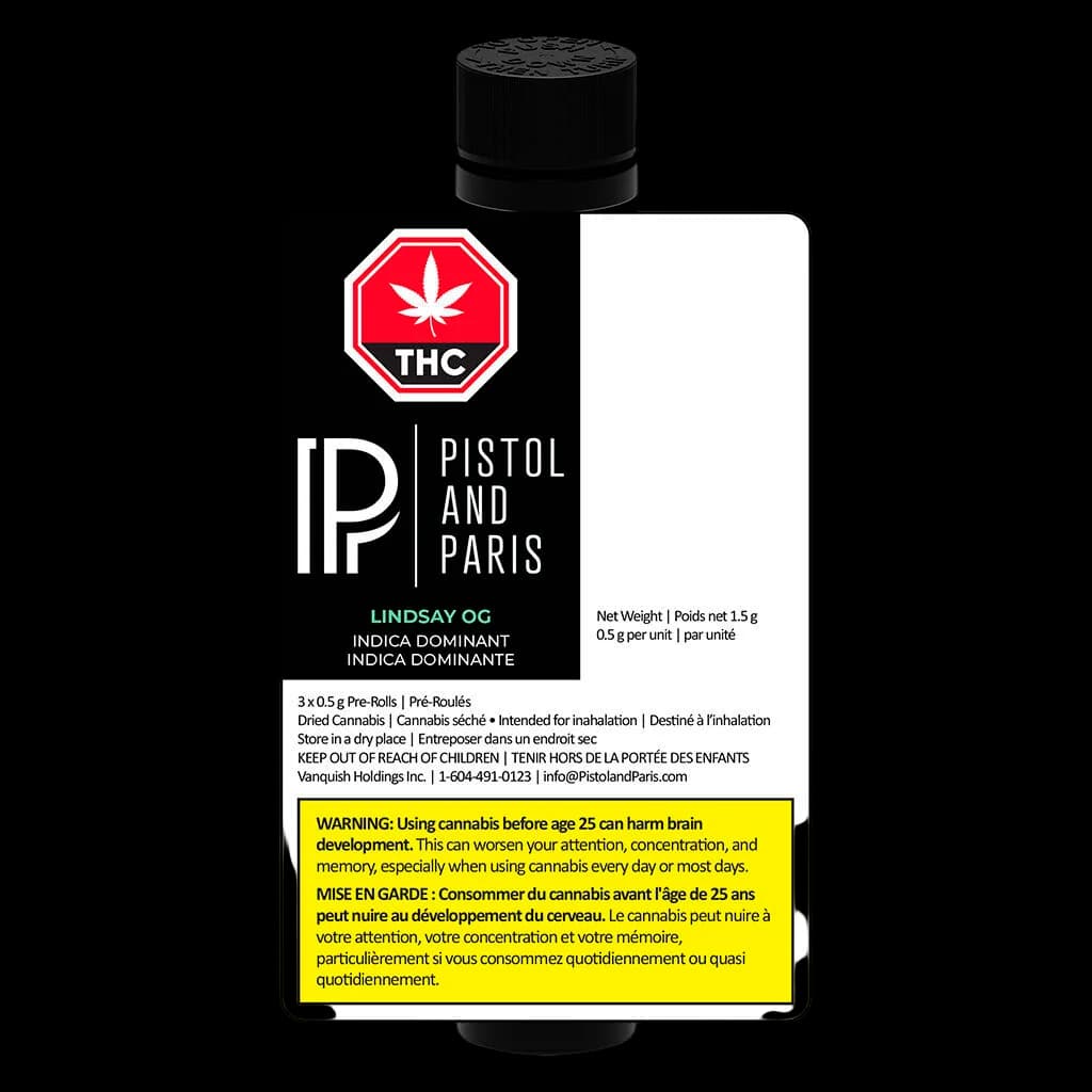 Pistol and Paris Lindsay OG pre-roll pack, 3x0.5g, indica dominant cannabis dried flower product