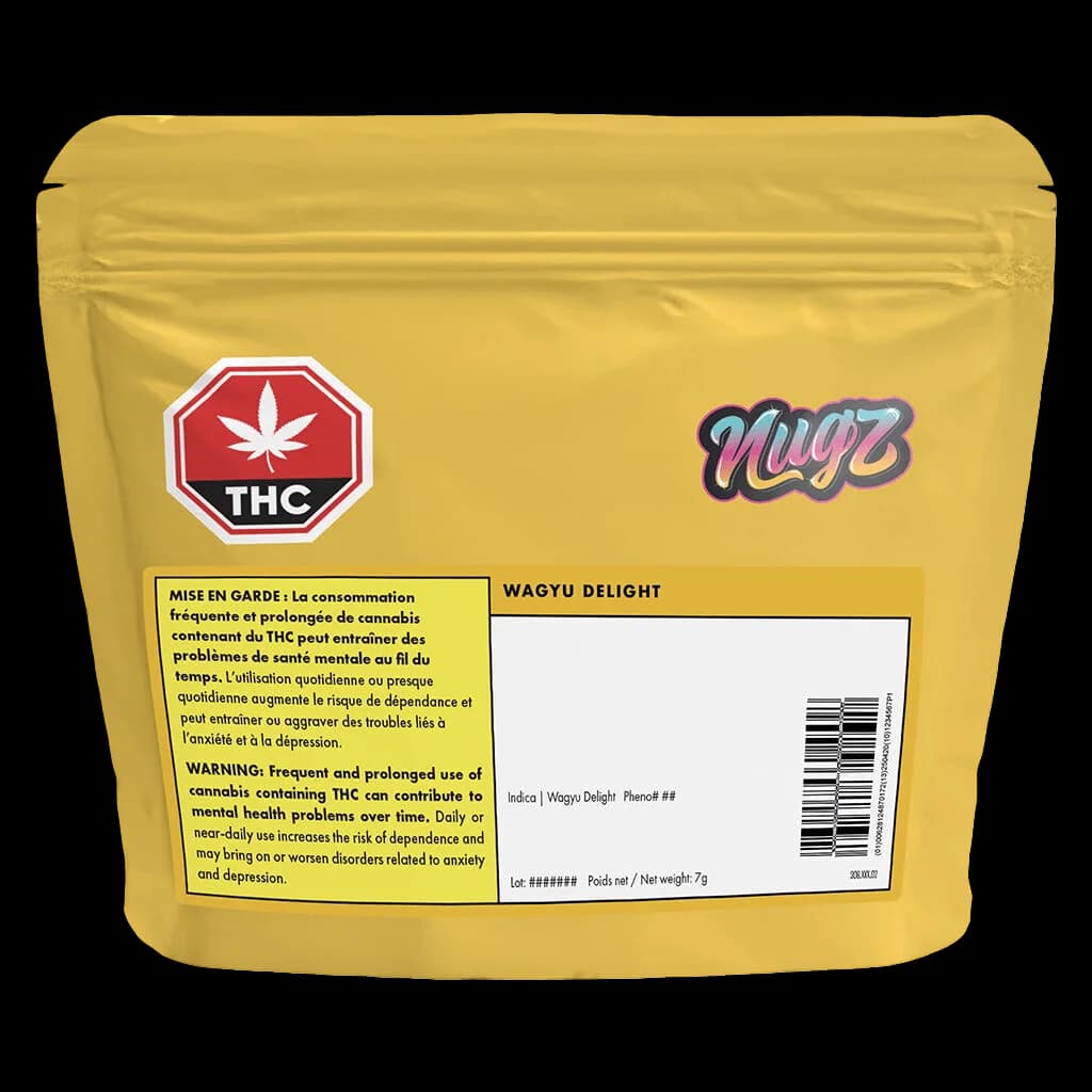 Nugz Wagyu Delight 7g cannabis dried flower pouch with yellow packaging, THC warning label, and bilingual health warnings