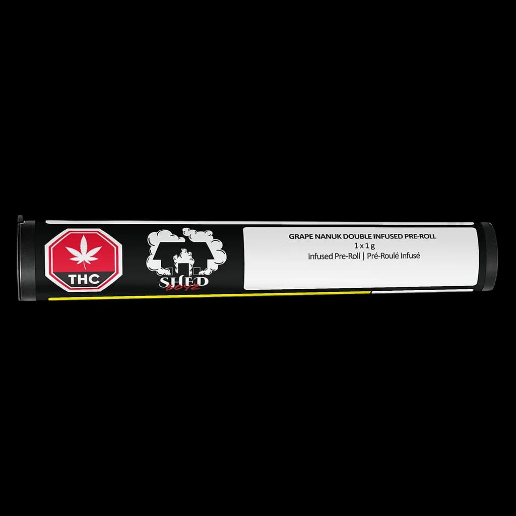 Shed Boyz Grape Nanuk Double Infused Pre-Roll 1g cannabis pre-roll in black tube packaging with red THC logo