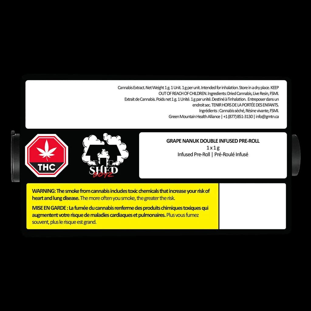 Shed Boyz Grape Nanuk Double Infused Pre-Roll 1g cannabis pre-roll package front with THC warning symbol and Health Canada bilingual warning label