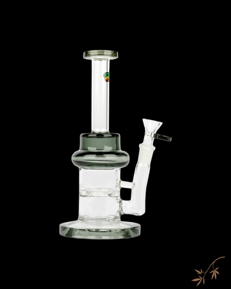 iRie Chalice Bubbler with turbine percolator, 9 inches tall, featuring green-tinted glass and black accents