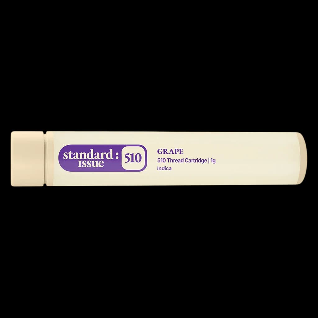 Standard Issue Grape 510 Thread Cartridge 1g, Indica cannabis vape cartridge with cream-colored tube and purple branding