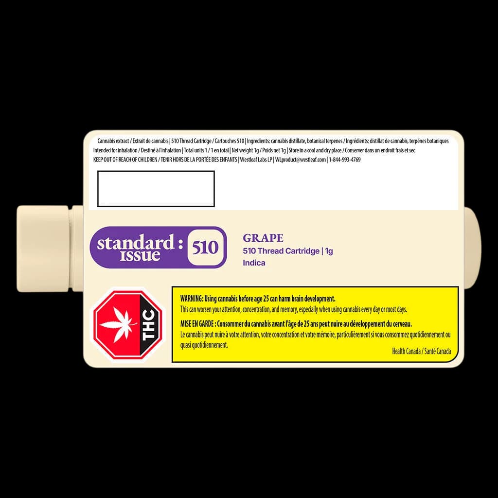 Standard Issue Grape 510 Thread Cartridge 1g Indica cannabis vape cartridge with purple packaging and Health Canada warning label