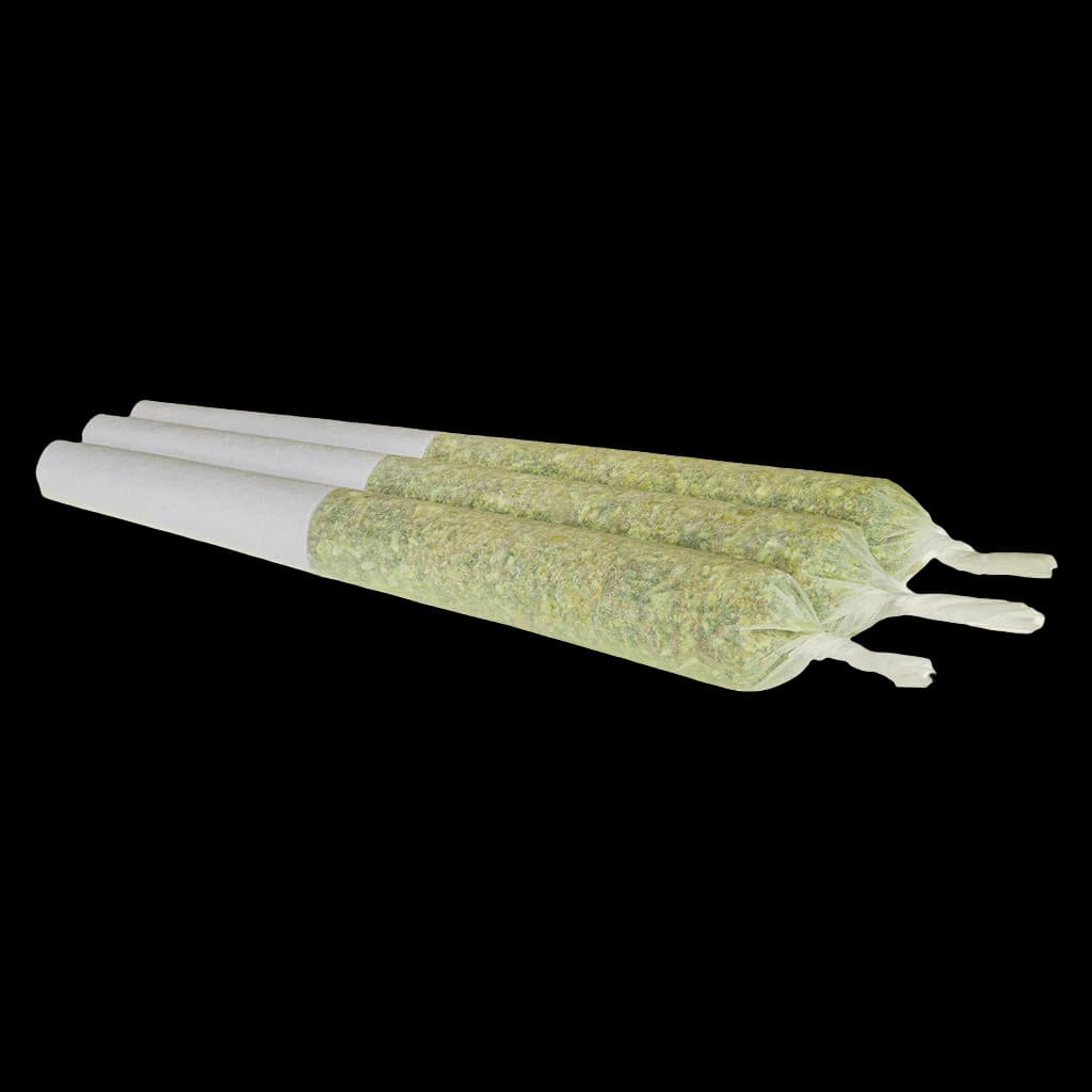 San Raf Stink Biscuit pre-roll pack containing three cannabis pre-rolls with visible flower and white paper filters