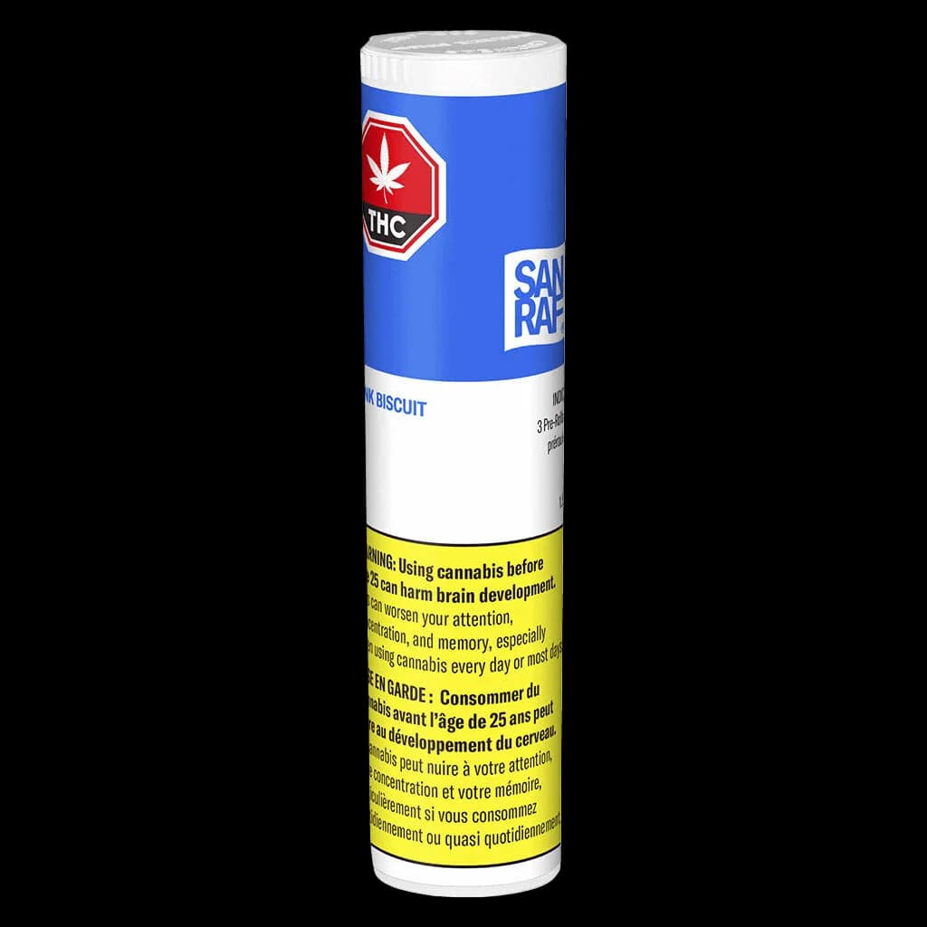 San Raf Stink Biscuit pre-roll package with blue and white design, red THC warning symbol, and yellow Health Canada warning label