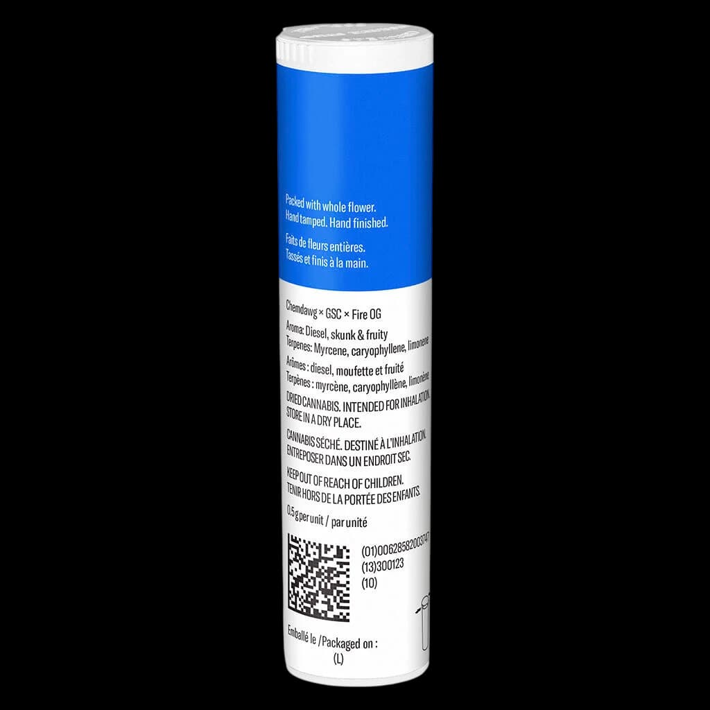 San Raf Stink Biscuit pre-roll in white and blue tube packaging, 0.5g cannabis pre-roll