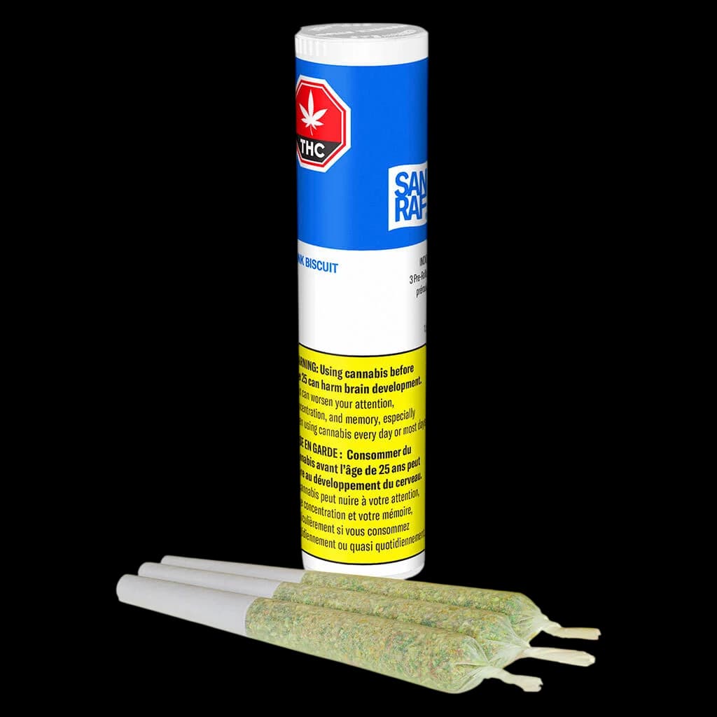 San Raf Stink Biscuit pre-roll pack with three visible cannabis pre-rolls displayed in front