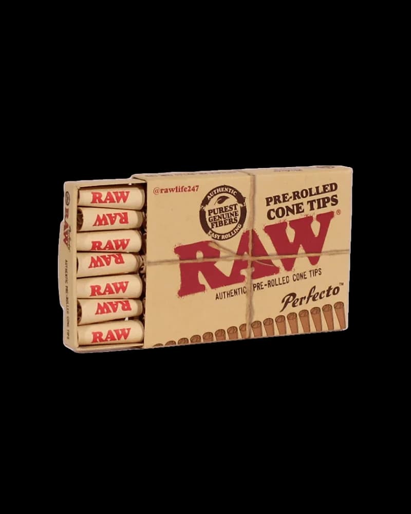 RAW Perfecto pre-rolled cone tips box with display of individual RAW rolling paper tubes on kraft packaging