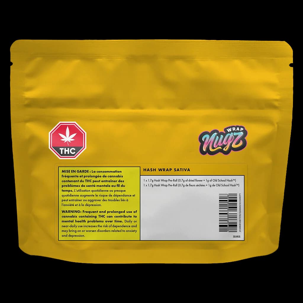 Emballage Nugz Wrap Hash Wrap Sativa 1,7 g avec pochette jaune, symbole d'avertissement THC et mises en garde sanitaires bilingues