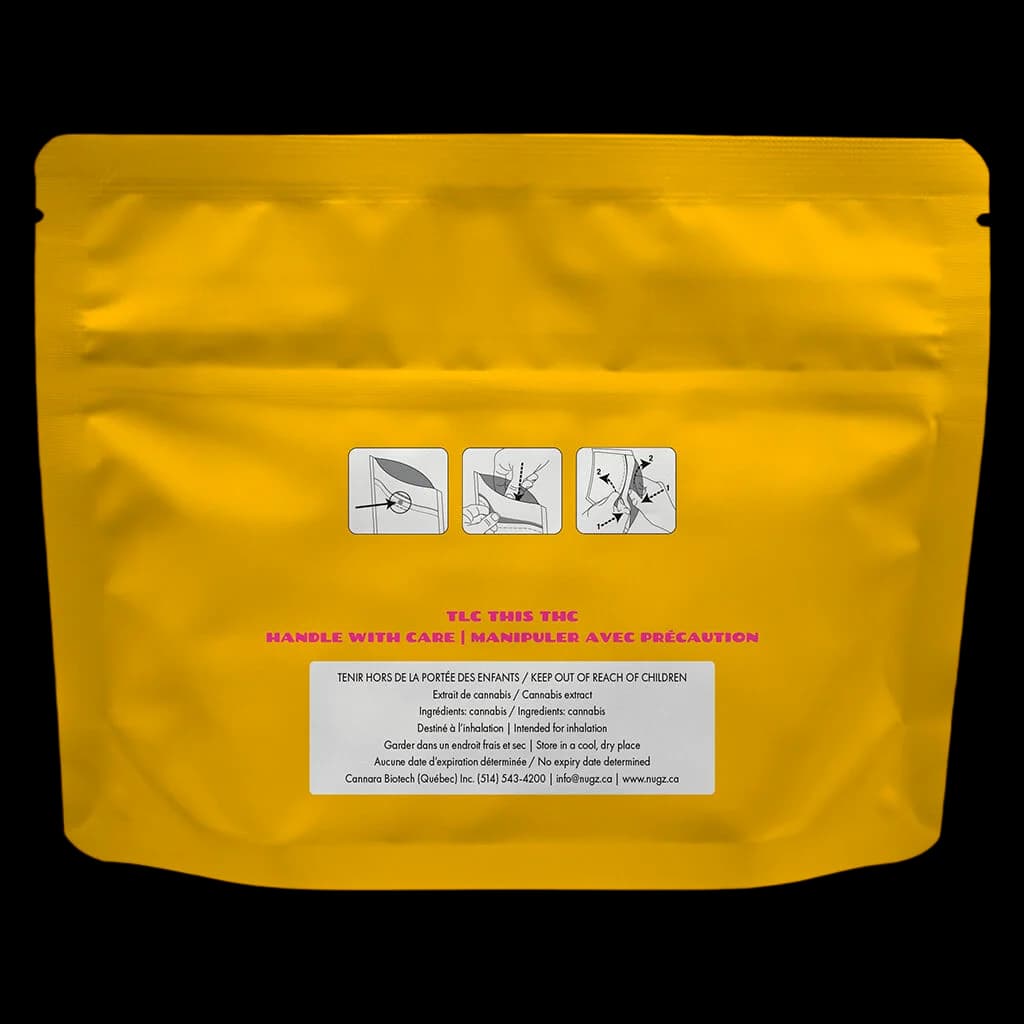 Sachet d'extrait de cannabis Nugz Wrap Hash Wrap Sativa avec emballage jaune et instructions de manipulation bilingues