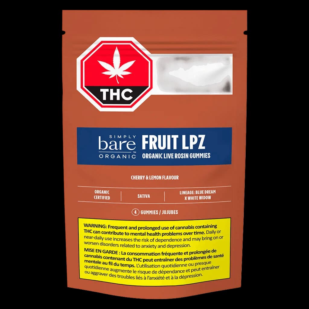 Simply Bare Fruit LPZ organic live rosin gummies, cherry and lemon flavour, 4-pack, sativa cannabis edible with red packaging and THC warning label