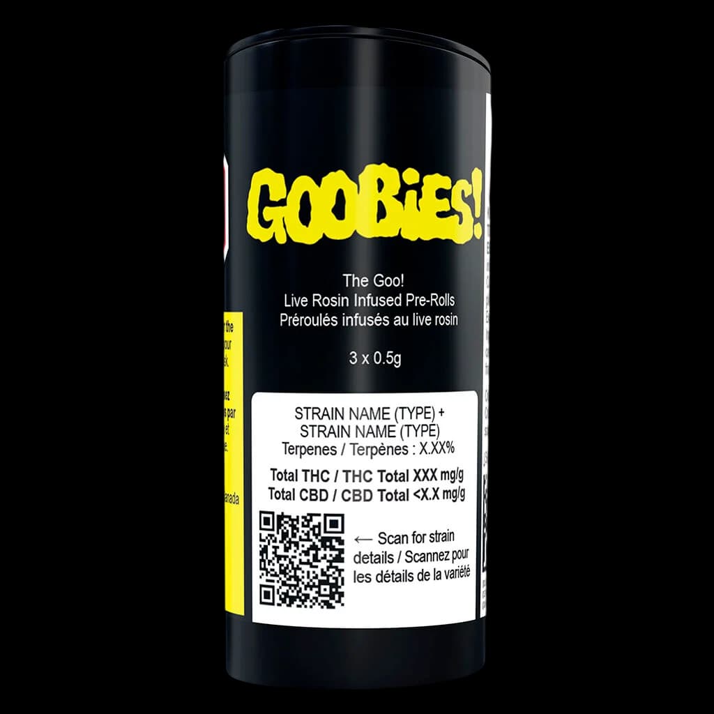Goobies The Goo! Live Rosin Infused Pre-Rolls, 3 x 0.5g tube with black and yellow packaging
