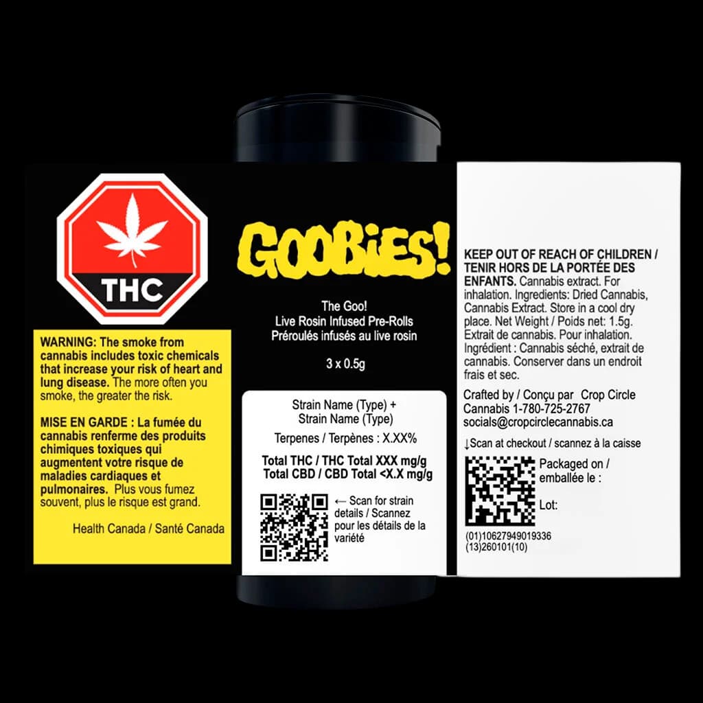 Emballage de préroulés infusés au rosin vivant GOOBIES! de The Goo!, format de 3 x 0,5 g, avec étiquette d'avertissement THC et emballage bilingue conforme à Santé Canada