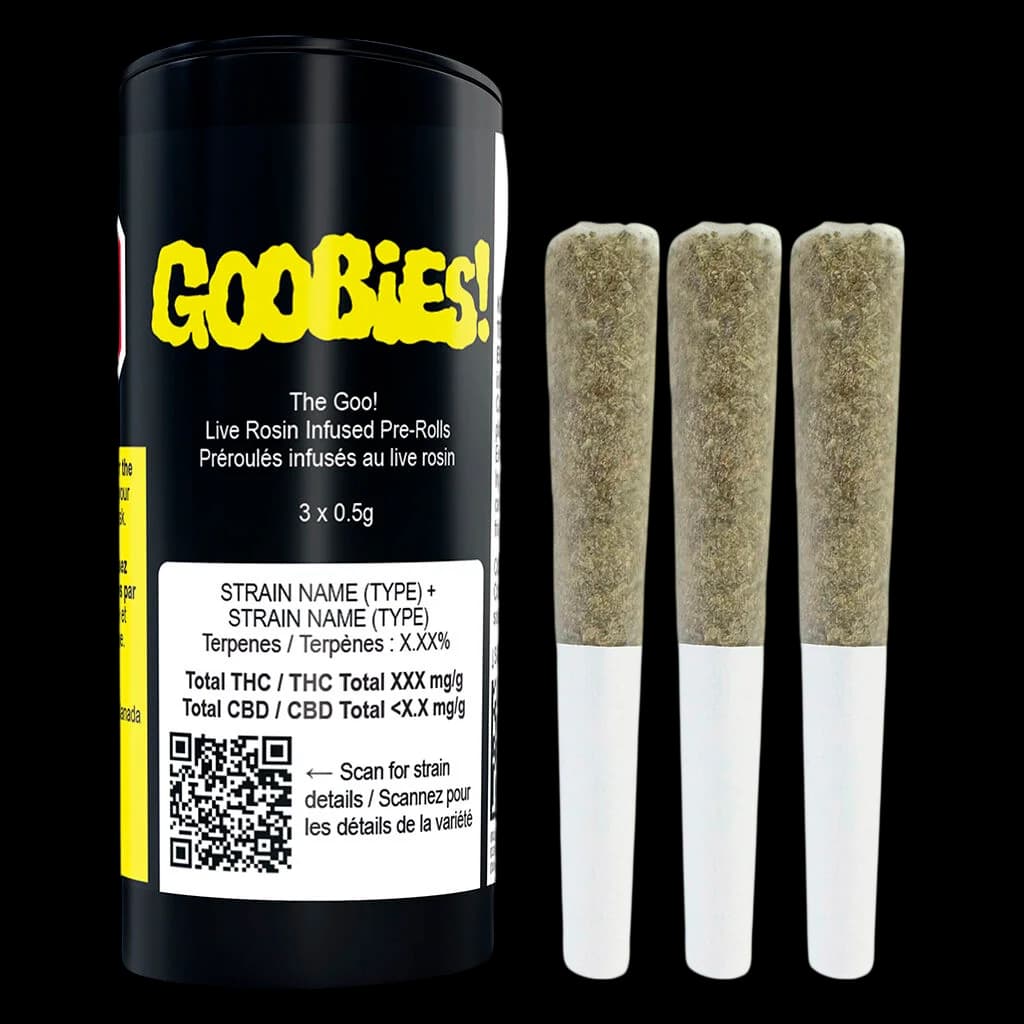 GOOBIES! Préroulés infusés au Live Rosin de The Goo!, emballage de 3 x 0,5 g avec trois préroulés de cannabis présentés à côté de leur tube d'emballage noir