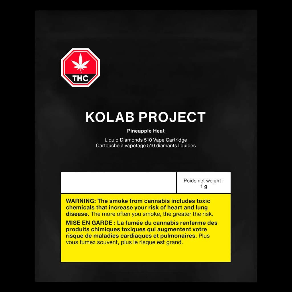 Kolab Project Pineapple Heat Liquid Diamonds 510 vape cartridge, 1g, with red THC warning symbol and yellow Health Canada warning label on black packaging