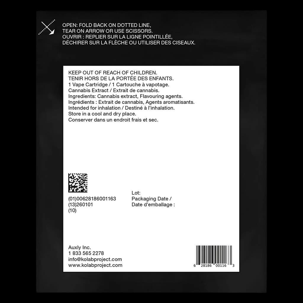 Kolab Project cannabis vape cartridge rear packaging label with child safety warnings, ingredients, and regulatory information in English and French.
