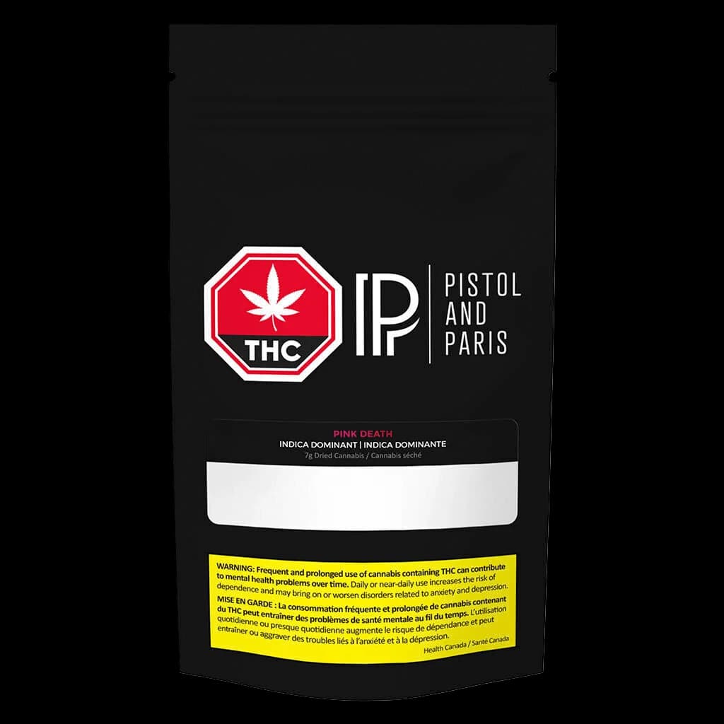 Pistol and Paris Pink Death 7g dried cannabis flower pouch with red THC logo and yellow Health Canada warning label on black packaging