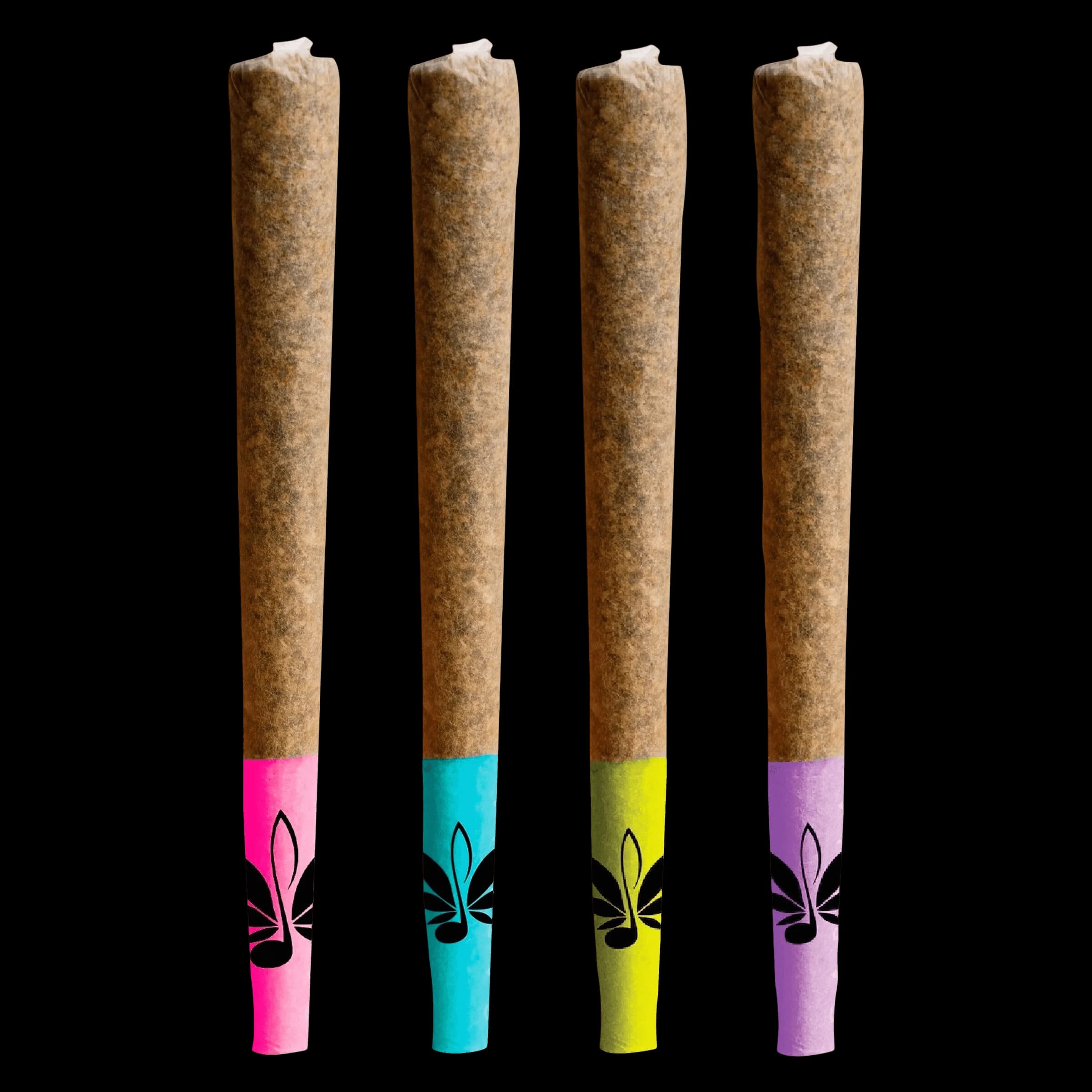 Pré-roulés High Note Shuffle en paquet de 4 avec papiers rose, cyan, jaune et violet ornés de logos de feuilles de cannabis