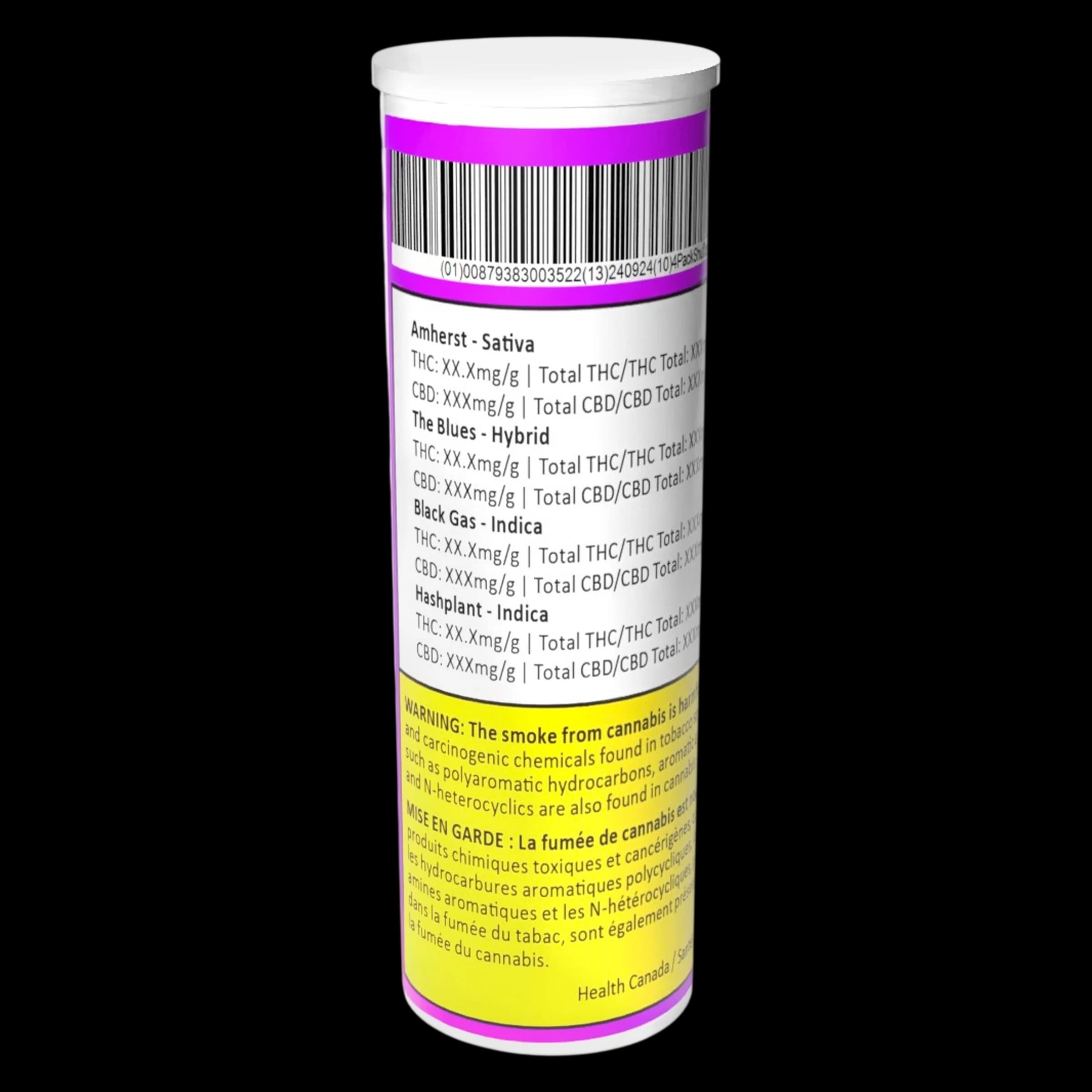 Contenant cylindrique de pré-roulés Shuffle en format 4 paquets de High Note avec étiquette magenta et jaune affichant les informations sur la variété et l'avertissement de Santé Canada