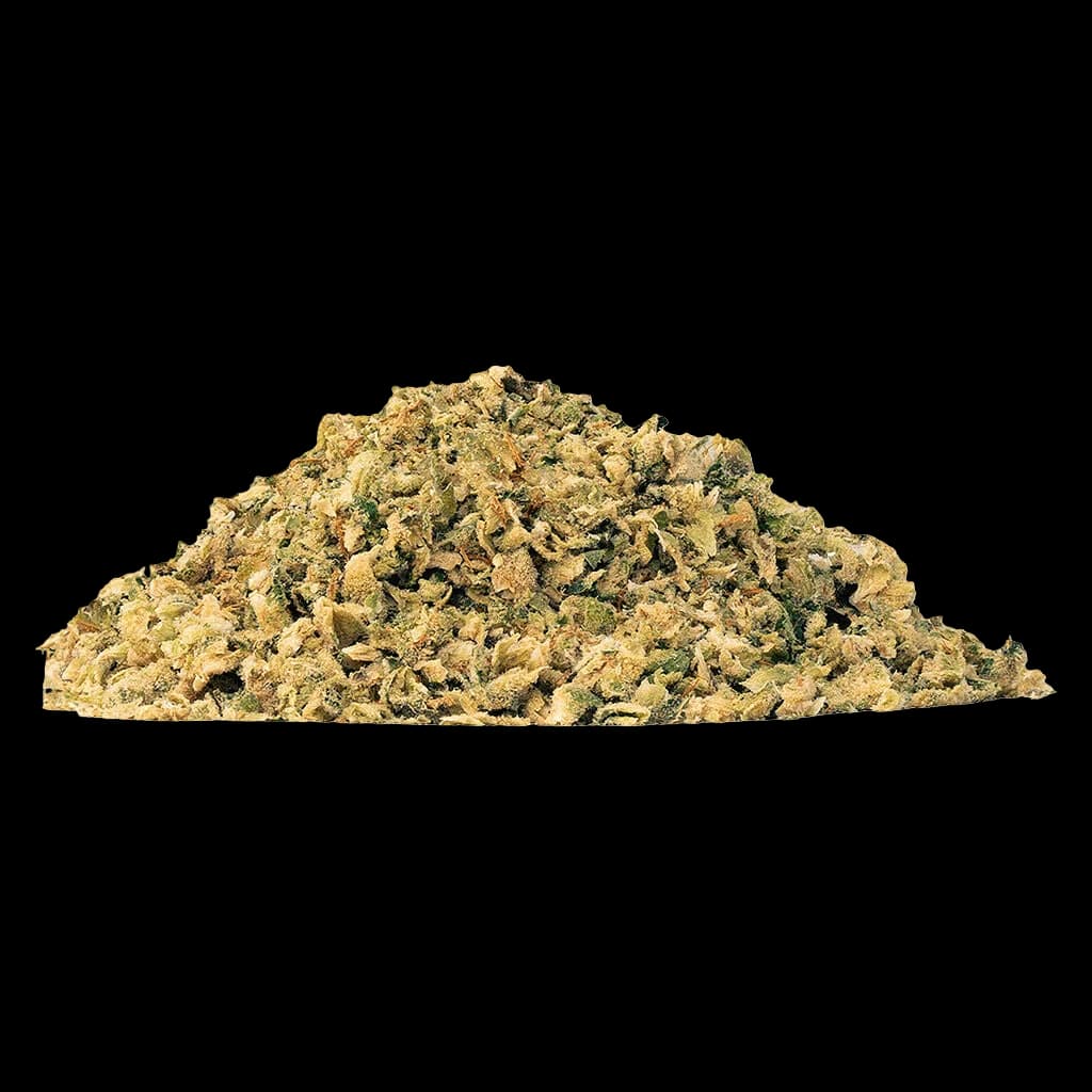 La fleur de cannabis séchée moulue The Republic Reserve 25 Plus, texture moulue lâche aux teintes vert doré