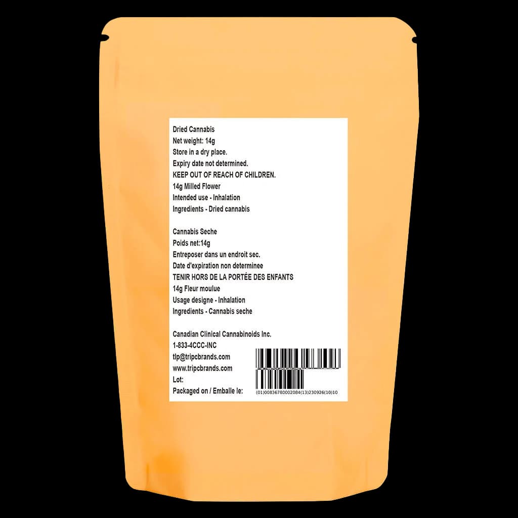 Fleur de cannabis séché moulu The Republic Reserve 25 Plus, emballage de 14 g avec pochette orange et étiquette réglementaire affichant du texte bilingue et un code-barres