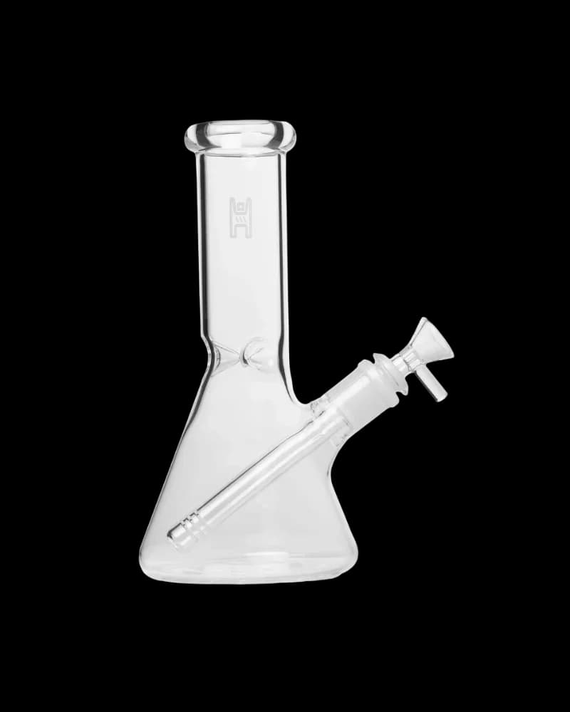 Clear glass water pipe bong with angled downstem, ice catcher, and carb hole for cannabis use