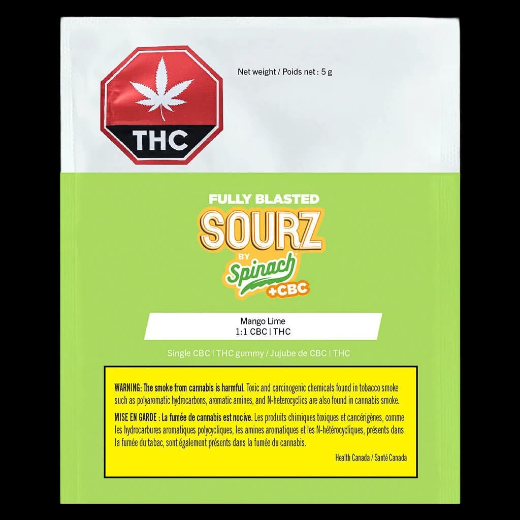 Fully Blasted Sourz by Spinach Mango Lime 1:1 CBC THC gummy package, 5g, with Health Canada warning label