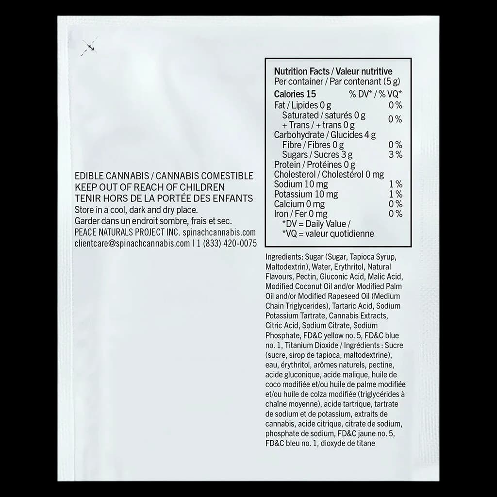 SOURZ by Spinach Mango Lime 1:1 CBC THC cannabis edible soft chews package rear label showing nutrition facts, ingredients, and bilingual storage instructions