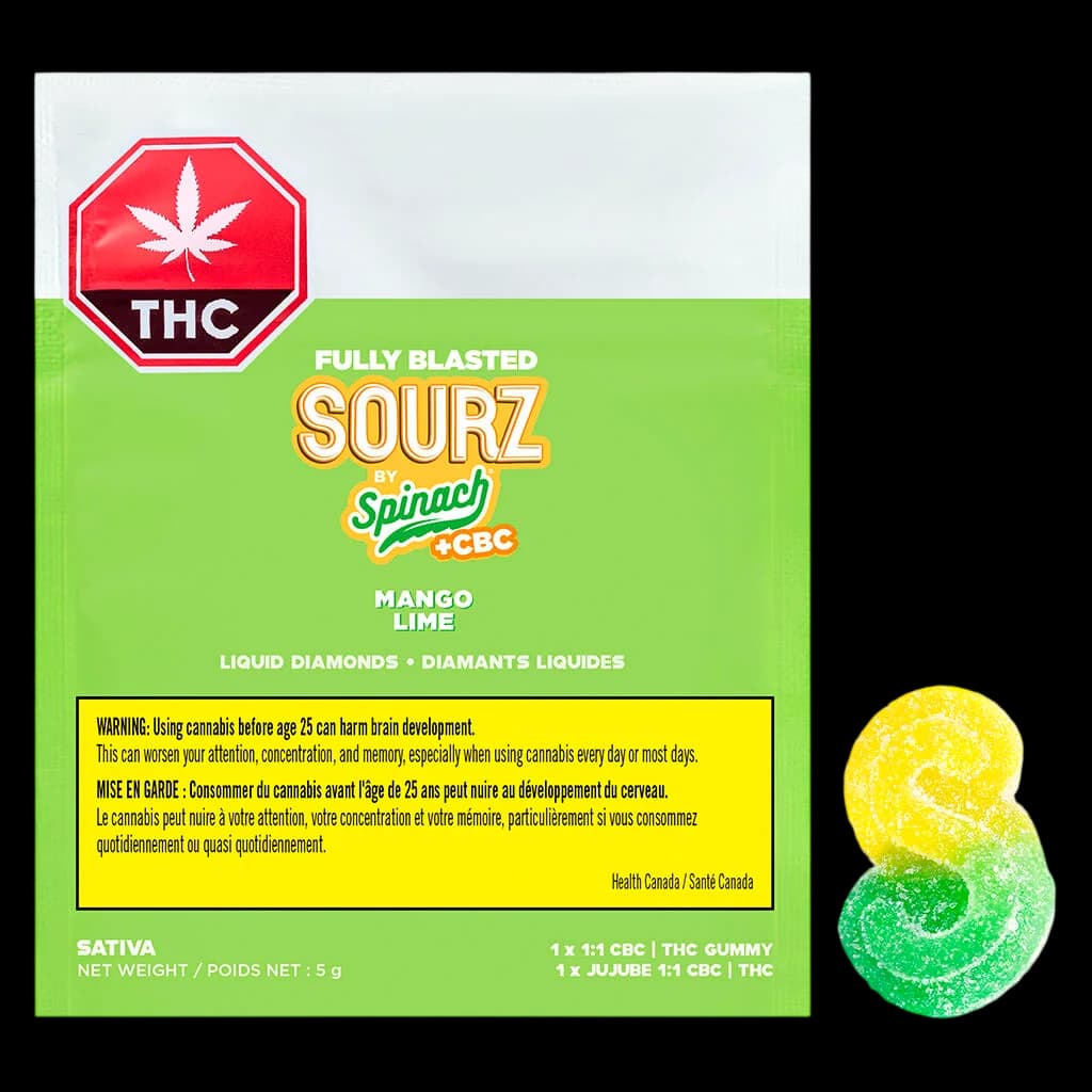 Fully Blasted Sourz by Spinach Mango Lime 1:1 CBC THC soft chew gummy, 5g package with yellow and green candy visible