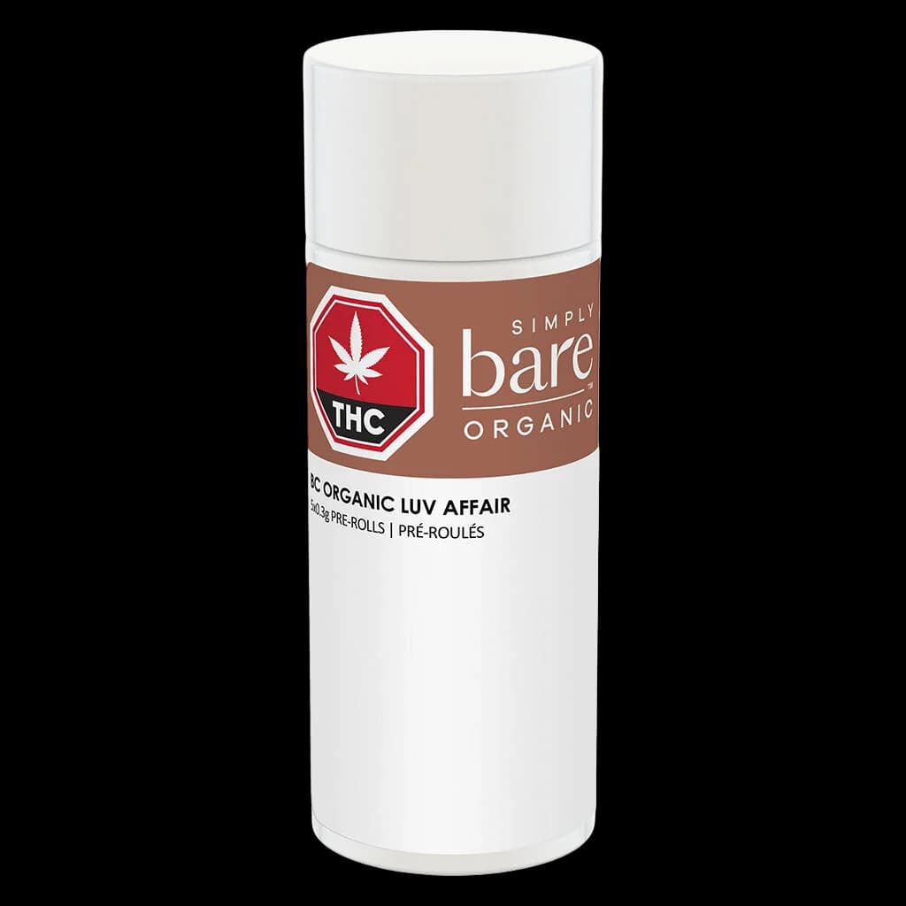 Simply Bare BC Organic Luv Affair pre-roll pack, white tube with brown label band and THC symbol