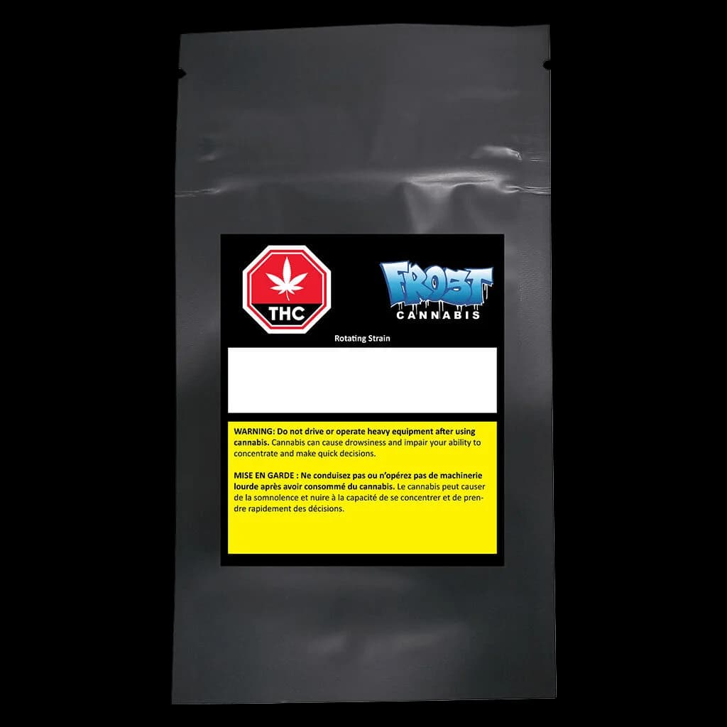 Frost Cannabis Rotating Strain dried flower package with red THC warning symbol and yellow Health Canada warning label on dark pouch