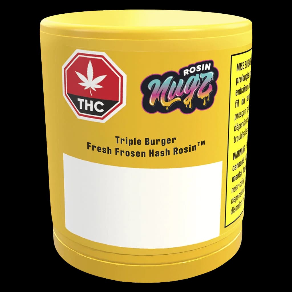 Nugz Rosin Triple Burger Fresh Frozen Hash Rosin in yellow cylindrical jar with red THC warning symbol