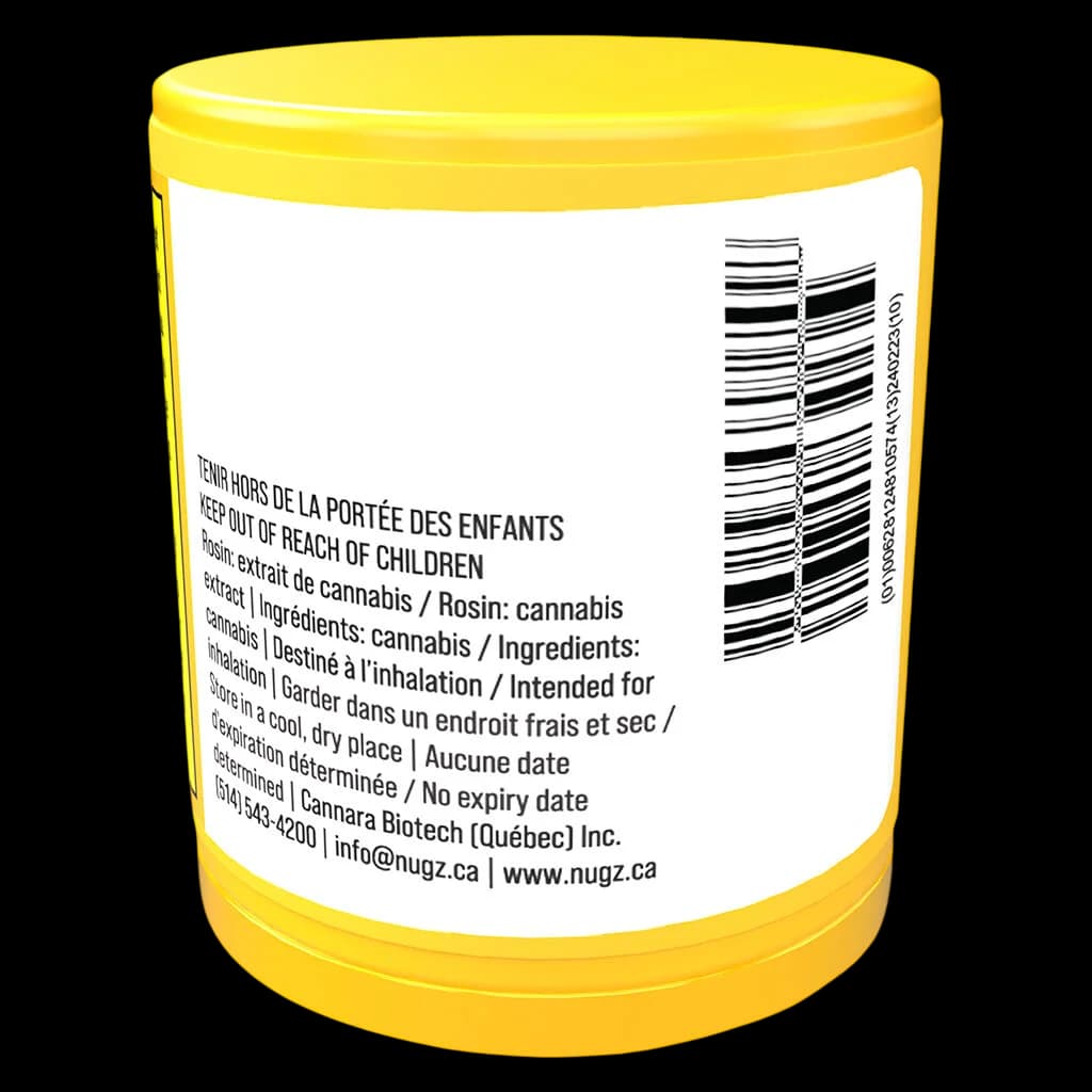 Nugz Rosin Triple Burger Fresh Frozen Hash Rosin in yellow jar with regulatory label and barcode visible