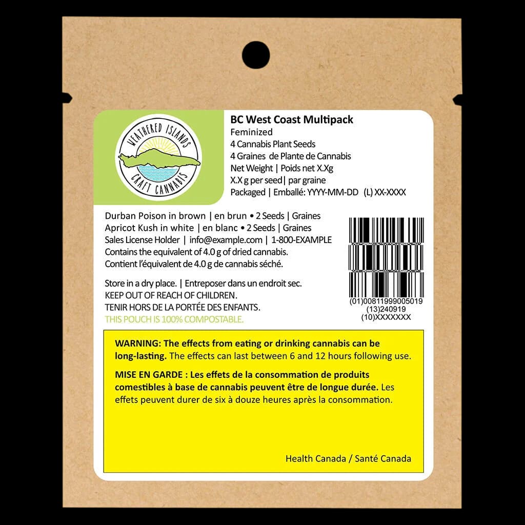 BC West Coast Multipack feminized cannabis seeds by Weathered Islands, 4-pack containing Durban Poison and Apricot Kush seeds, kraft pouch with green logo strip and Health Canada warning label