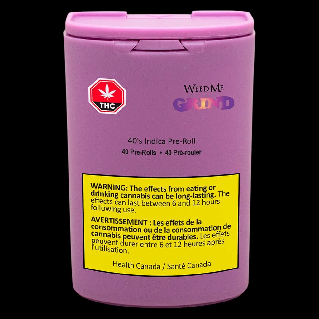 Weed Me Grind 40's Indica Pre-Roll 40-pack container with red THC symbol and yellow Health Canada warning label on purple packaging