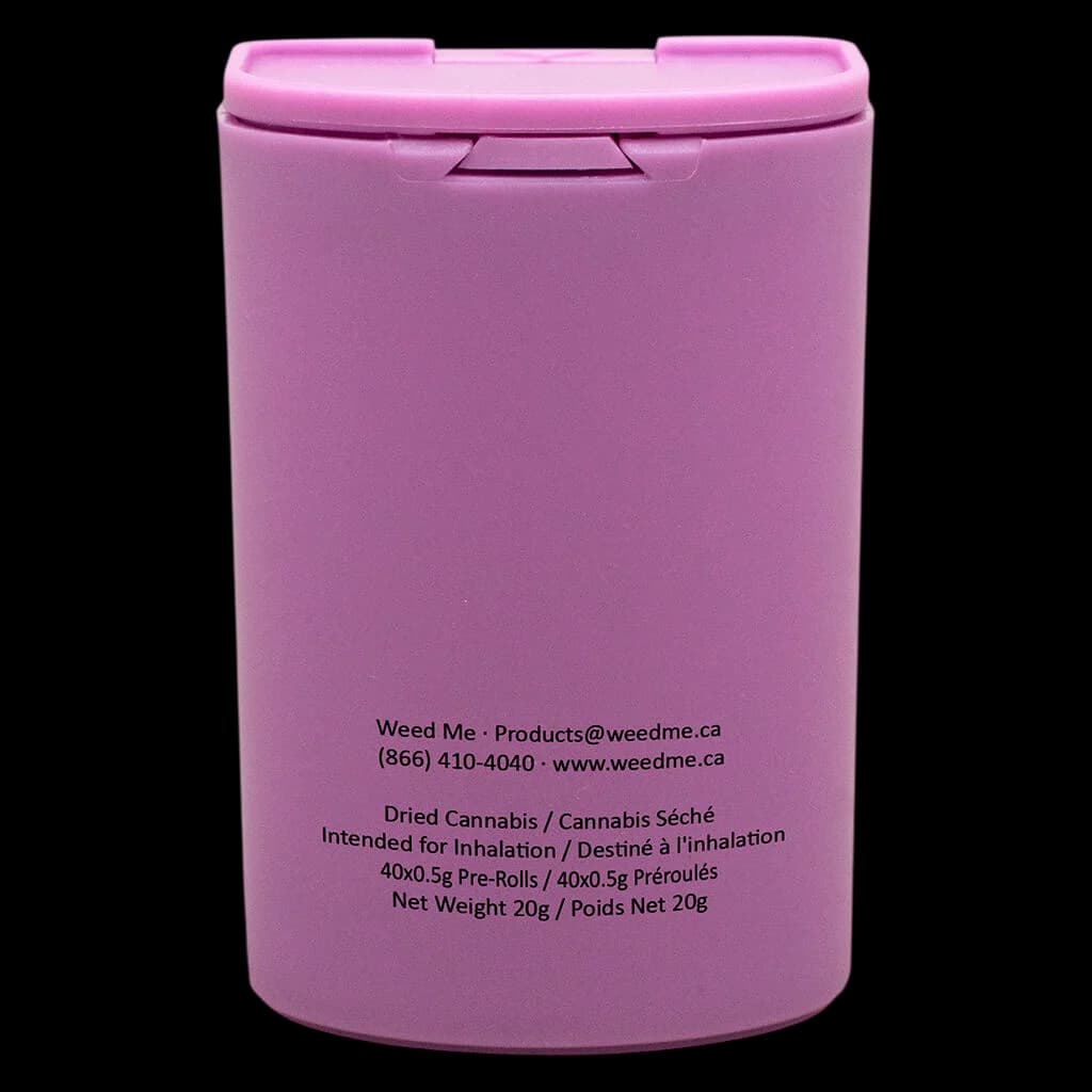 Weed Me 40x0.5g pre-roll pack, 20g net weight, pink cylindrical container with child-resistant lid