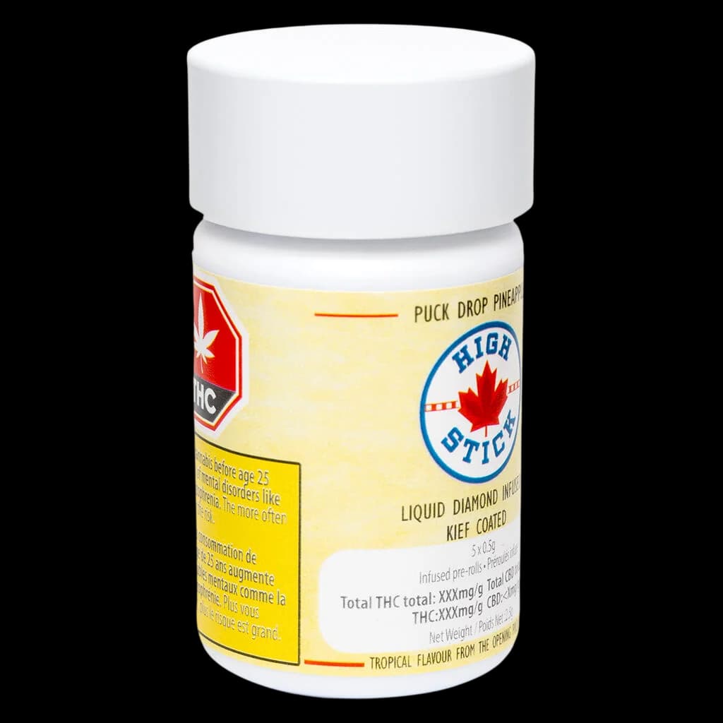 High Stick Puck Drop Pineapple cannabis pre-roll pack with white cap, pineapple flavour label, and Health Canada warning visible