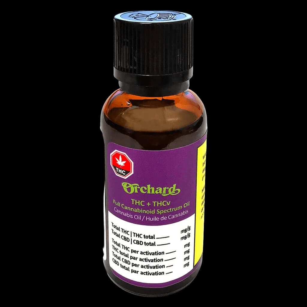 Orchard THC+THCv Full Cannabinoid Spectrum Cannabis Oil in amber bottle with purple label and black cap