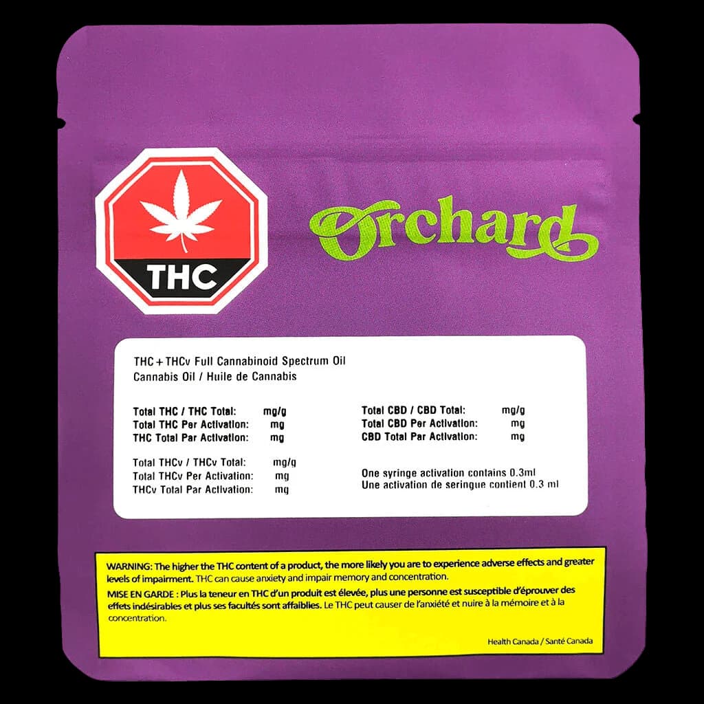 Orchard THC+THCv Full Cannabinoid Spectrum Cannabis Oil in purple pouch with red THC warning symbol and Health Canada label