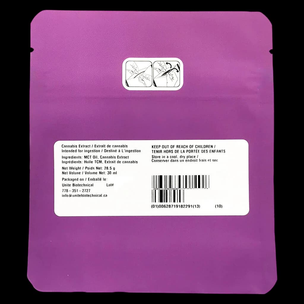 Orchard cannabis extract oil 28.5g, 30ml bottle with purple packaging, ingredients MCT oil and cannabis extract listed