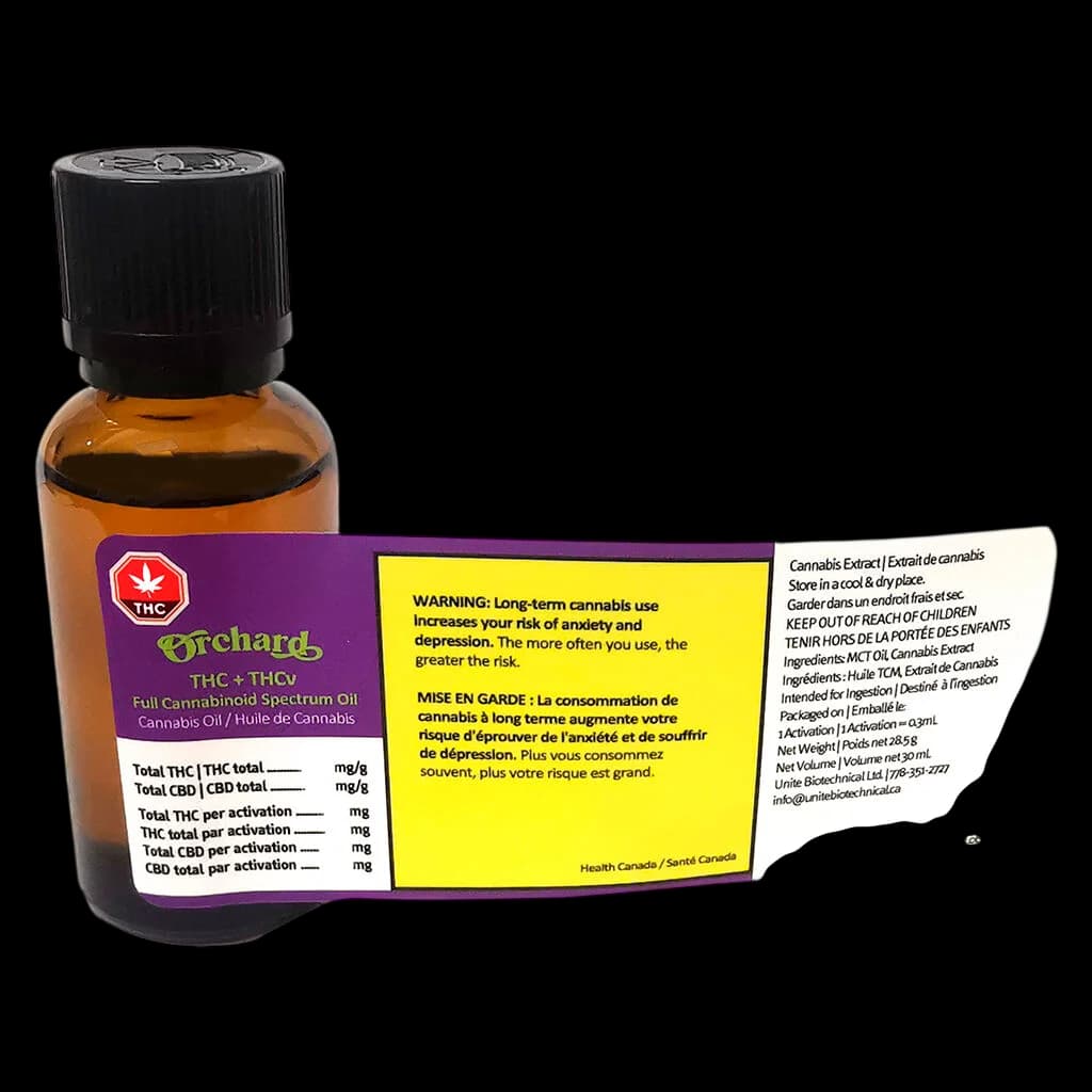 Orchard THC+THCv Full Cannabinoid Spectrum Oil in amber glass bottle with black cap, purple and yellow Health Canada warning label visible